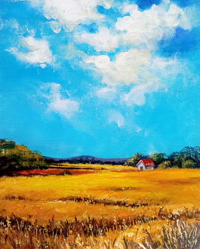 Ukrainian Landscape Painting, Acrylic Artwork, Blue and Yellow, art hand painted handmade illustration nature paint painting ukraine