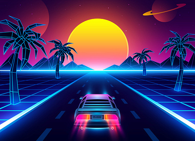 Retro futuristic road 80s abtract art car city future futuristic game game ui mountain neon retro sun sunset synthwave vector