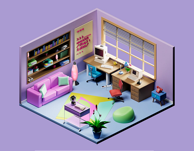 Retro Office 3D 3d 3d modelling 3d practice cinema4d design graphic design illustration isometry office retro room ui