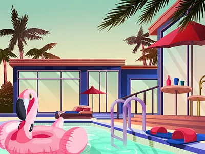 pool artwork floating houses illustration illustration art palmtree plam pool relax summer sun