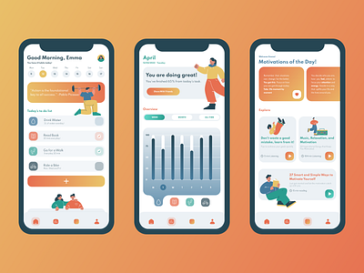 Habit Tracker App app app design design figma habit tracker habits home page main page mobile application motivation motivation page statistics page to do list ui ui design user experience design ux ux design uxui xd