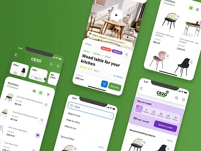 Furniture eCommerce Mobile Application buttons chairs collor column view components credit design design system fields furniture ios list view mobile app pallete product page products search slider typography ui design