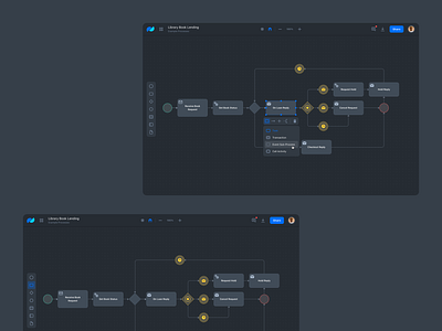 BPMN Editor UI / WIP #4 / Dark Mode app application bpmn bpmn editor canvas clean dark darkmode design editor grid layout mode modeling process tool uidesign uiux userinterface