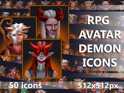 Avatar Demon Icons 2d art asset assets avatar demon devil diablo evil fantasy game game assets gamedev icon icons indie indie game mmo mmorpg rpg
