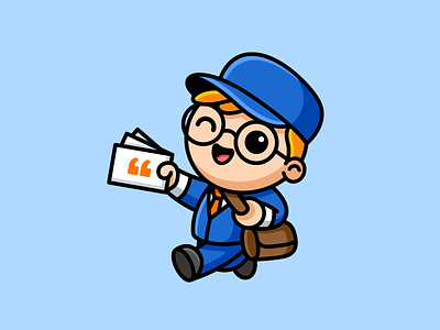 Postman adorable boy cartoon character chibi collector cute delivery geek happy illustration kid mascot nerd postman quotation mark reference testimonial walking winking