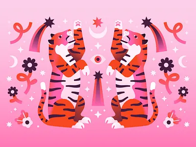 Celestial Tigers animals brand identity character design cute floral gradient illustration pattern design spot illustration tech company tiger vector