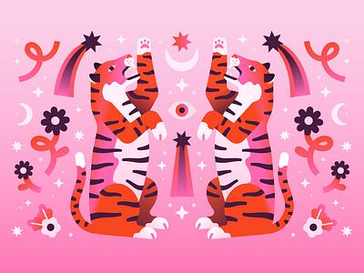 Celestial Tigers animals brand identity character design cute floral gradient illustration pattern design spot illustration tech company tiger vector