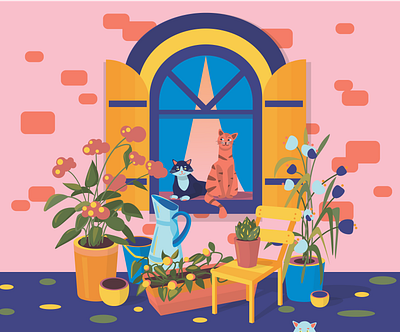 Cats and plants illustration minimal vector