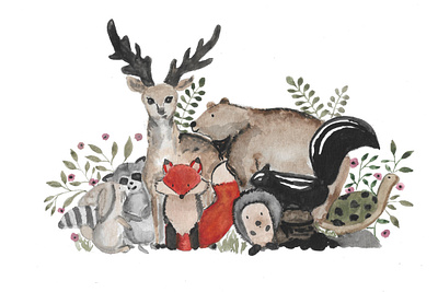Forest Friendship animals colored design forest watercolor