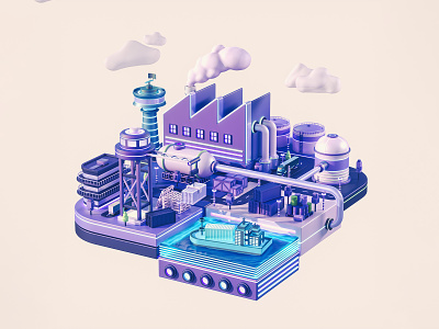 Industrial District 3d 3d illustration asset boat buildings cinema 4d city clouds diorama energy factory illustration industrial isometric octane urban videogame