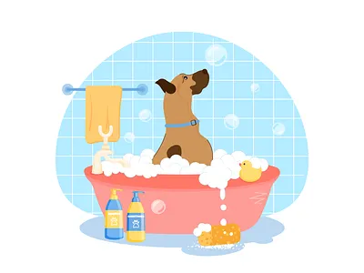 Dog character takes a bubble bath animal background cartoon character concept design dog flat graphic design grooming illustration pet promotion service vector wash