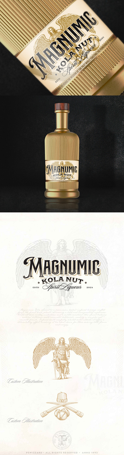 Magnumic Kola Nut Spirit Liqueur alcohol archangel archangel michael artisan branding crosshatch distillery drawing gold graphic design illustration kola nut label labeling logo logo design spirit spirits vintage