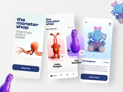 The Monster Shop | Toys shopping | E-commerce mobile app 3d 3d graphics 3d modeling animated animation blender blender3d character design ecommerce kids shop mobile app product design shopping app toys ui ui design uiux user interface design ux ux design