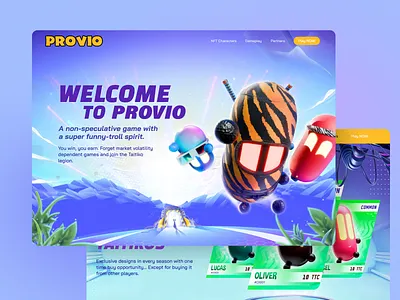 Provio - Web3 Gaming - Landing Page Design blue mode character character collection earn fun funny game game gameplay landing page meme nft character playful design spacecrafts token trolly unique layout uxui vibrant color palette web inspiration web3 gaming