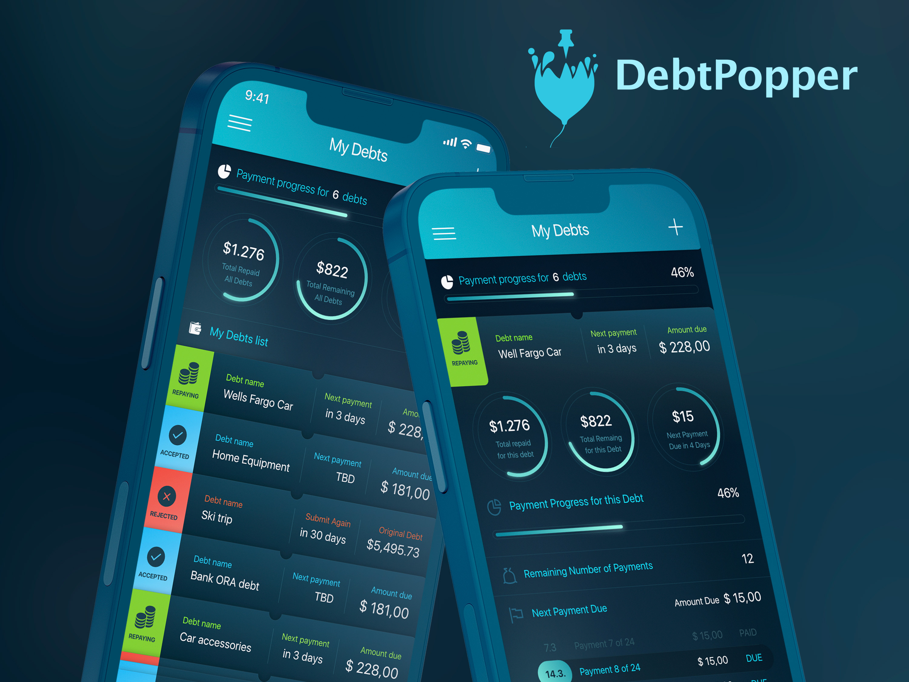 DebtPopper - Debt Settlement App branding design logo mihael.net mobile responsive ui