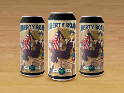 Four Leaf Brewing Liberty Road ale america animal beer beer can beverage character illustration ipa lady liberty liberty michigan mockup ostrich packaging pale ale product pub table vector