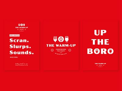 The Warm-Up Posters advert beer branding cafe catering craft beer editorial food and drink football fork icon logo mark negative space poster print soccer sticker type vector