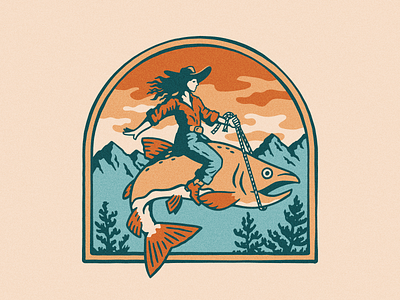 Lady Riding a Salmon branding cowboy cowgirl food truck illustration logo restaurant salmon southwest