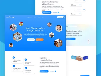Your Change Website | Home Page blue cards charity financial fintech hero marketing site nonprofit playful ui web website