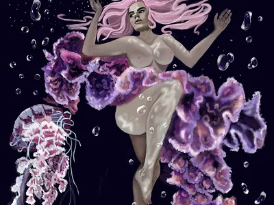 Fantasy Art- Underwater Swimming with Jellyfish design illustration