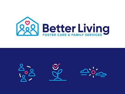 B better living blue calm children clouds family foster care heart house logo plants rebrand