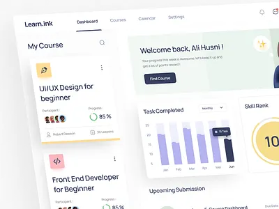 E - Learning Dashboard - Learn.ink analytics card chart clean course daily task dashboard design e course e learning graph learning minimalist modern student task ui ux web design website