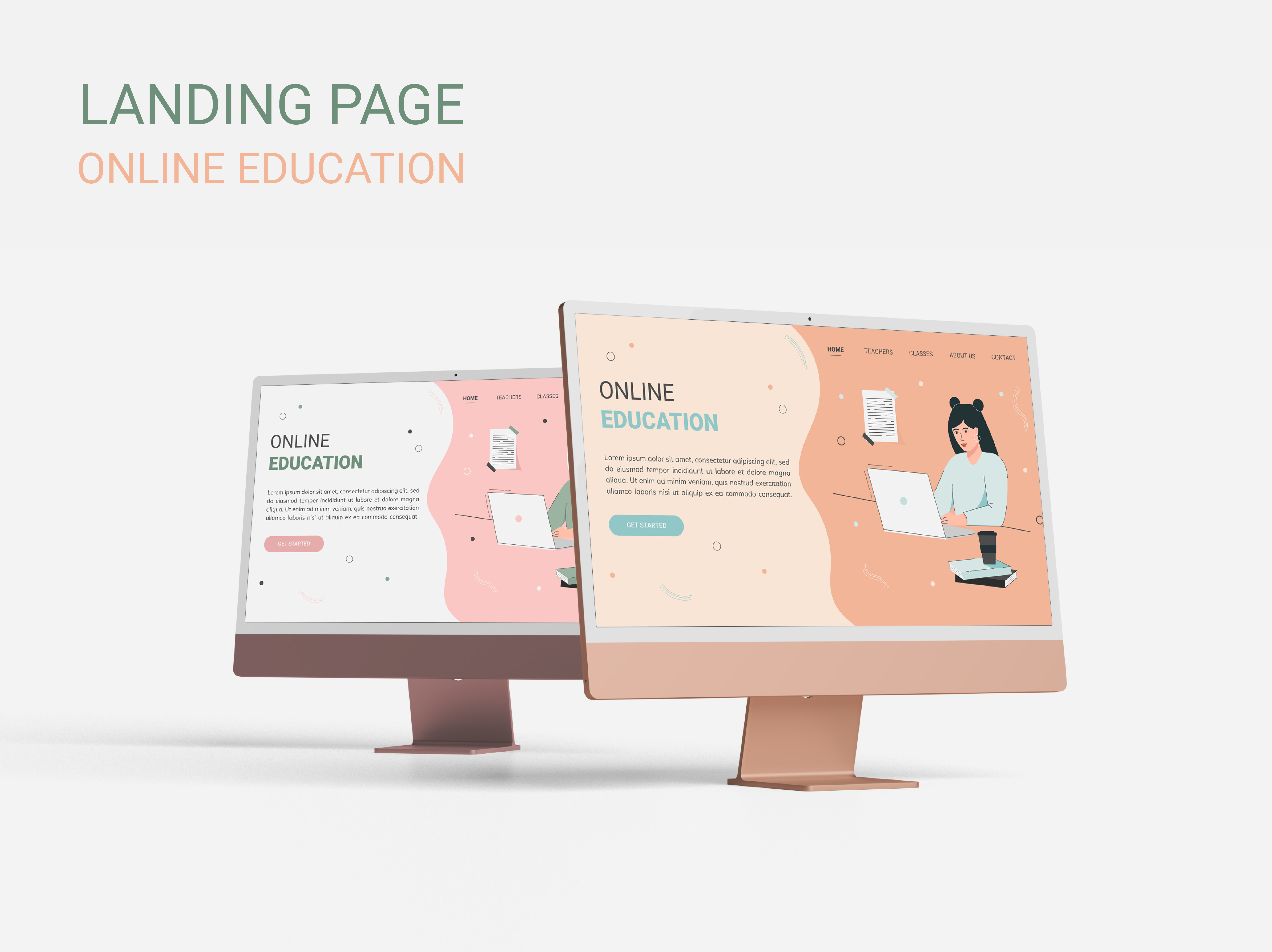 Example of Landing page. Cute girl in flat style takes online education