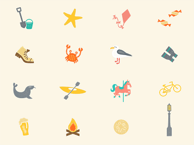 Seaside, Oregon Icons bike boot branding bucket campfire carousel crab design graphic design hiking icons illustration kayak logo oregon sand dollar seagull seaside shovel starfish