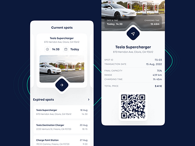 Charging station reservation | Current spots & Spot detail app app design car carousel charge charging clean design electric ev figma future interface parking qr code slider tesla ui ux white