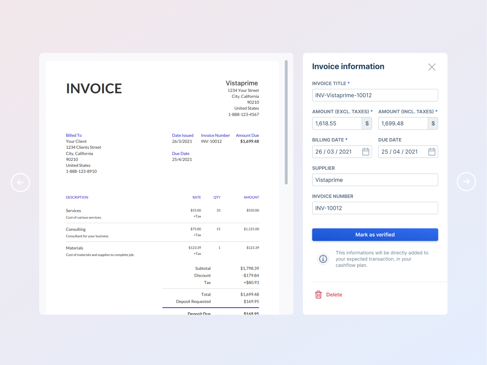 Example of Manage your invoices 1/2
