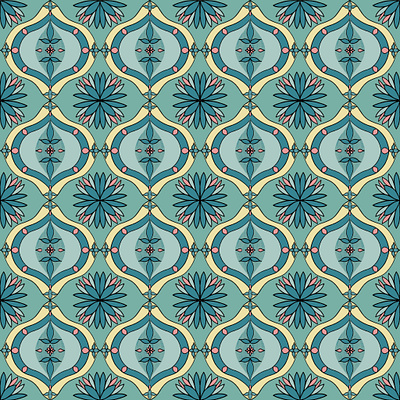 Ogee Tile Pattern 1.0 Teal BG bohemian boho deco fleur flower nouveau ogee repeat surface pattern