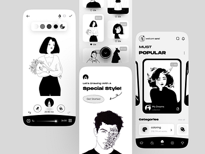 online drawing mobile app 🖌😍 app ui black black white clean drawing educational learning learning app light ui minimal monochrome online app painting typography ui ui design ui trend uiux vector white