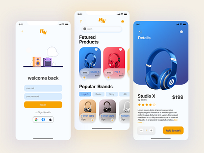 Headphone store app clean color headphone minimal mobile app sound store ui ux