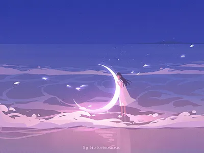 Good night girl illustration moon sea 梦幻 治愈系