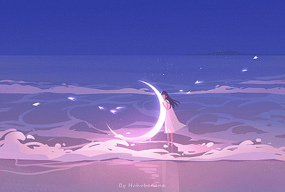 Good night girl illustration moon sea 梦幻 治愈系