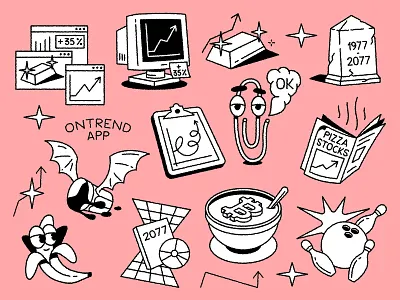 Ontrend App app banana bitcoin bowling branding cocktail crypto design doodle finance icon illustration logo pizza punk stocks tattoo tesla typography ui