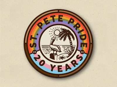 20 Years of Pride 20 badge beach city flag florida gay illustration lesbian lockup pelican pride pride 2022 rainbow seal st pete sunshine tampa transgender vintage