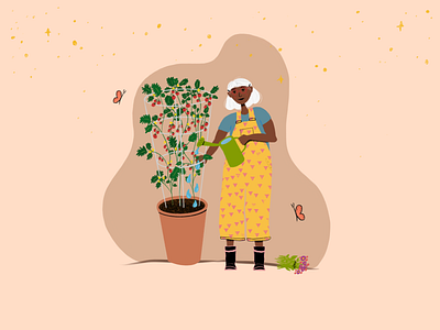 Tomato Gardening Lady - Yellow Overalls, White Hair, Red Glasses black gardener black woman blush character illustration cheerful character colorful container garden gardening hand drawn character julia barry overalls peach pink procreate procreate character tomato tomato garden white hair woman gardener yellow