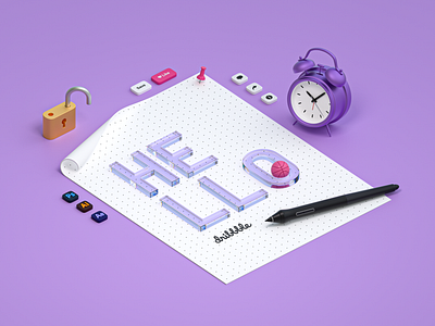 Hello Dribbble 3d 3d clock 3d icon 3d pen 3d ui branding comment glass hello hello dribbble illustration lock pin product illustration share typography ui ui header wacom