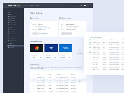 Billing page design - subscription & payment methods billing card payment case study credit card design finance invoice light ui payment payment method pricing product design receipts subscription table trending ui user experience user interface ux