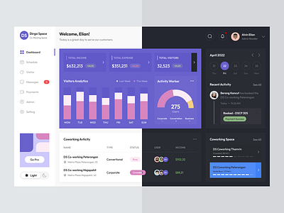 DS Co-Working - Management Dashboard activity appdesign clean design co working space co working space management dark mode dashboard light mode management management dashboard overview schedule statistic trending ui uiux ux dasboard working space