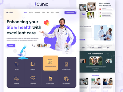 Medical Web Landing Page - iClinic ambulance cardiogram clean clinic doctor emergency care health care homepage hospital landing page medical medical care medicine mental health minimal nursing pharmacy treatment ui ui design