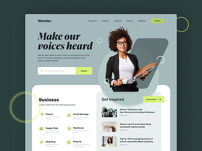 Women Entrepreneur Blog Landing Page article business woman entreprenur feminine lady boss landing page news platform web design woman women