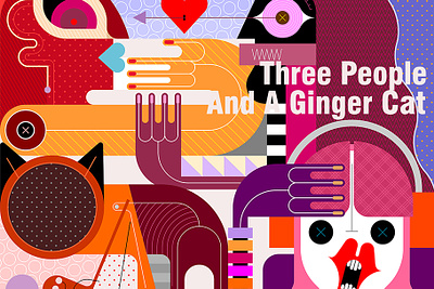 Three People And A Ginger Cat vector illustration cat cat lover couple couple in love face graphic illustration listen to music lover people pet vector web illustration
