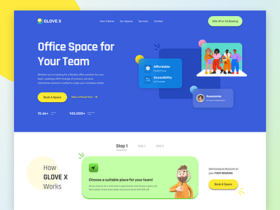 GLOVE-X Startup Website Design Concept business colorful company designconcept designideas designtrend headermenu herosection landingpage meetingspace officespace rentaspace services startup teamcollaboration uiuxdesigner webdesign website webuiux