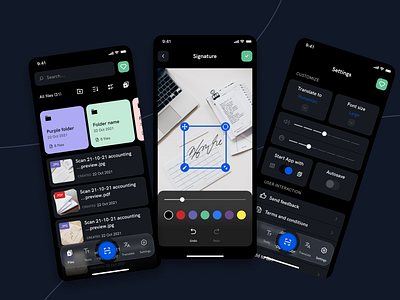 iOS Mobile Application for Documents Scanning app dark design documents files filter folders ios light mobile scan scanner settings signature tab bar theme ui