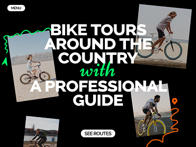 Guided bike tours bike clean color dark design drawings graphic design green illustration main page minimal orange people photos street typography ui web website