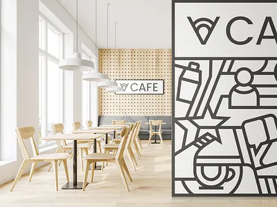 Coffee shop branded space brand identity branded space branding cafe branding coffee shop contrast design geometric icosaedru illustration interior branding interior design minimalist vector visual branding visual identity wooden texture