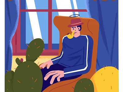 Chilling on sofa art cactus character colorful illustration pipe room scene smock