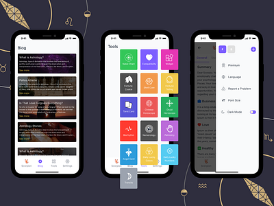 Astrology - Horoscope App app blog branding design galaxy horoscope interface mobile mobile design natal chart navigation settings tarot tools ui ui design ux zodiac